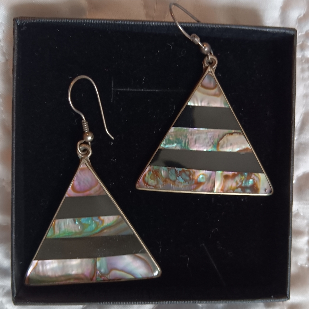 Silver and Abalone Shell Triangular Earrings Vintage
